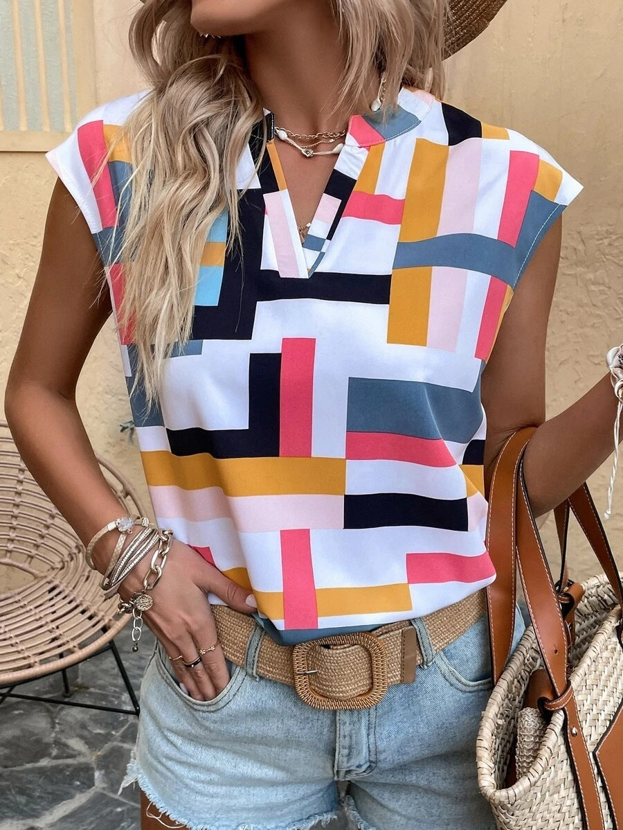 Women's Digital Print Doll Sleeve V-Neck Top Nocturna-Pro