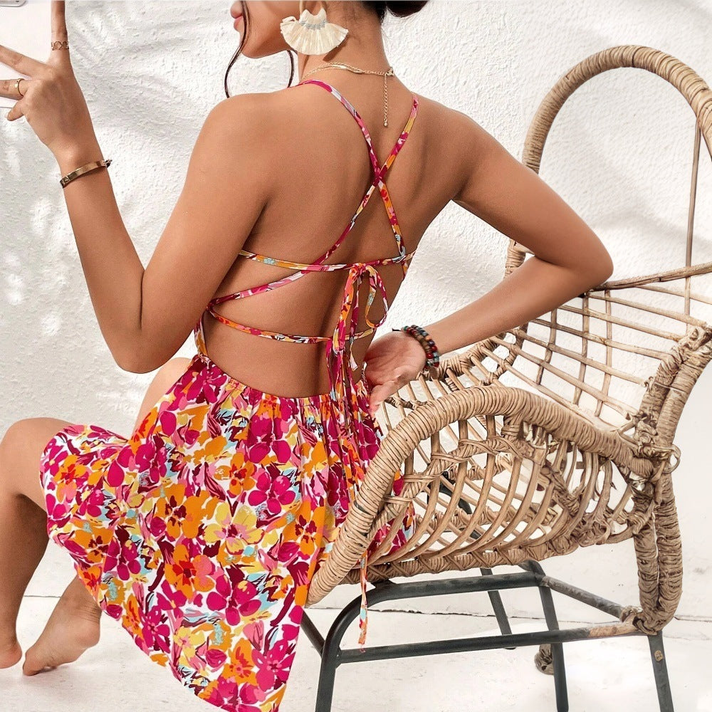Women's Floral Print Dress Summer Lace-up Back Seaside Holiday Short Dresses Nocturna-Pro