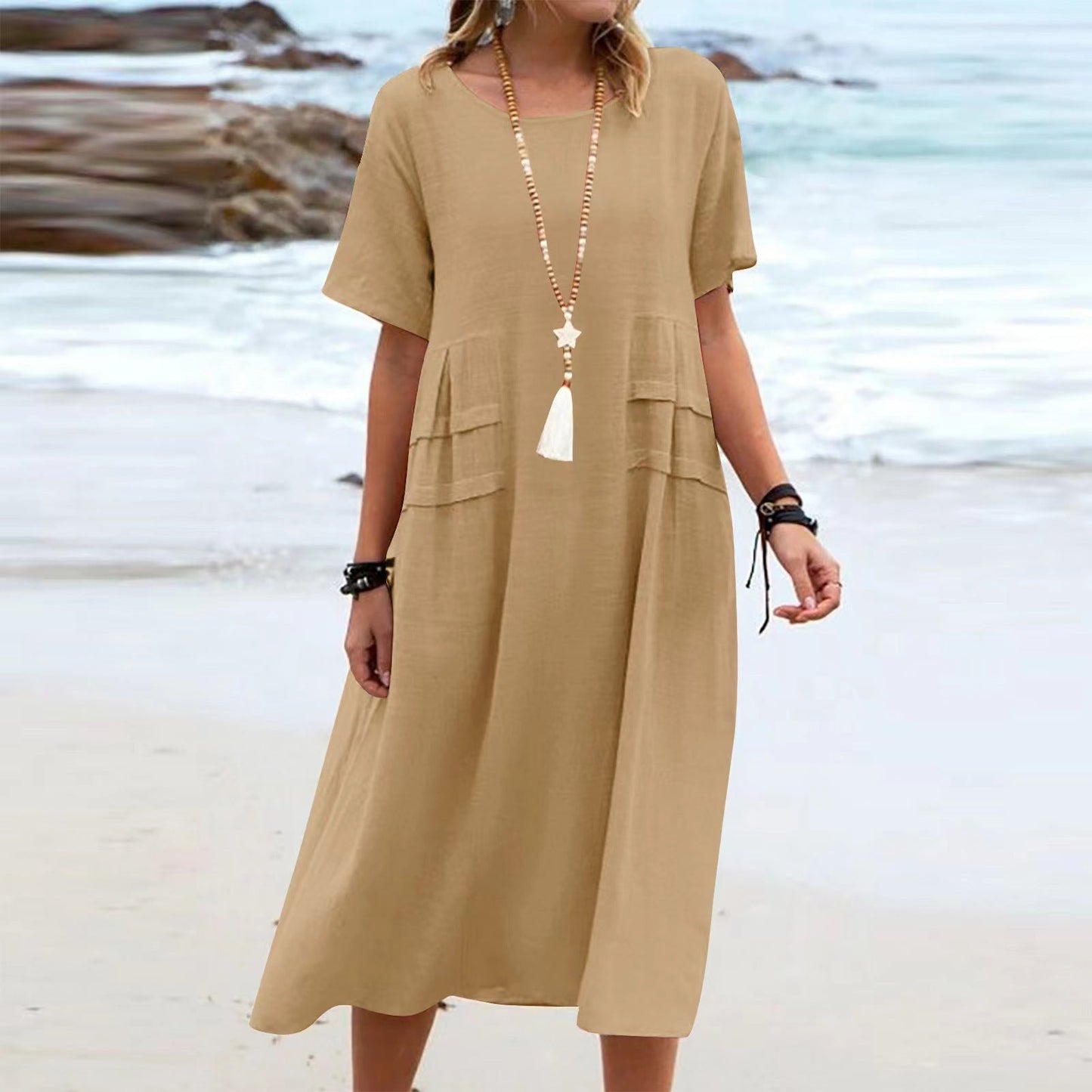 Round Neck Short Sleeve Mid-length Dress Women Nocturna-Pro