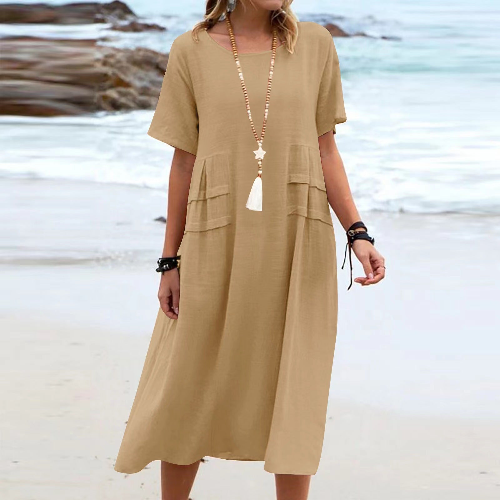 Round Neck Short Sleeve Mid-length Dress Women Nocturna-Pro