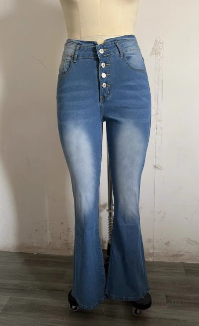 High Waist Bell Bottom Jeans Trendy Wear Washed Out Street Style Women's Denim Pants Nocturna-Pro