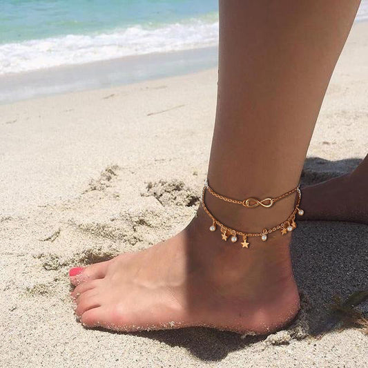 Women's Alloy 8-word Double Circles Star Anklet Nocturna-Pro