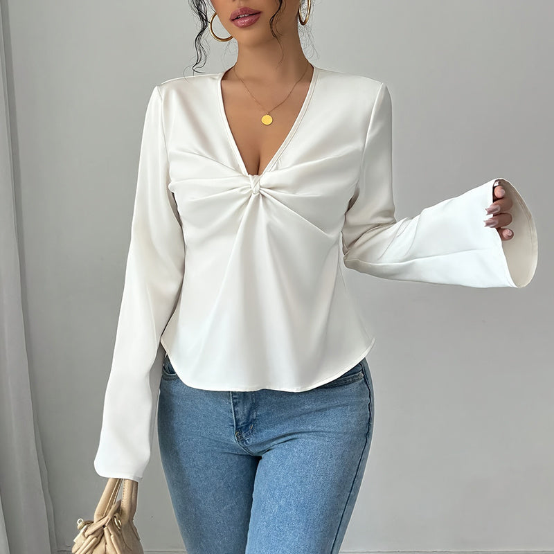 Women's Elegant Solid Color V-neck Ruffled Front Flared Sleeve Shirt Nocturna-Pro