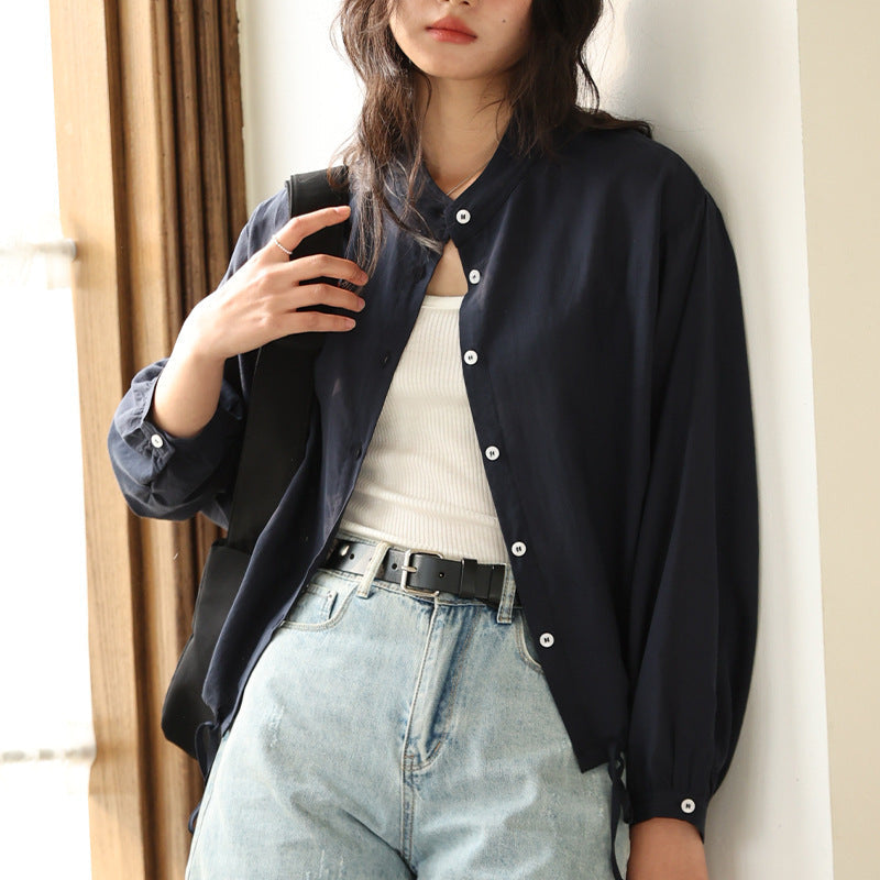 Tencel Linen Stand Collar Shirt Light Thin And Loose Button Top Nocturna-Pro