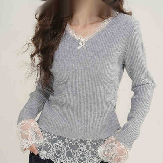Fake Two Pieces V-neck Stitching Lace Lace Knitwear Nocturna-Pro