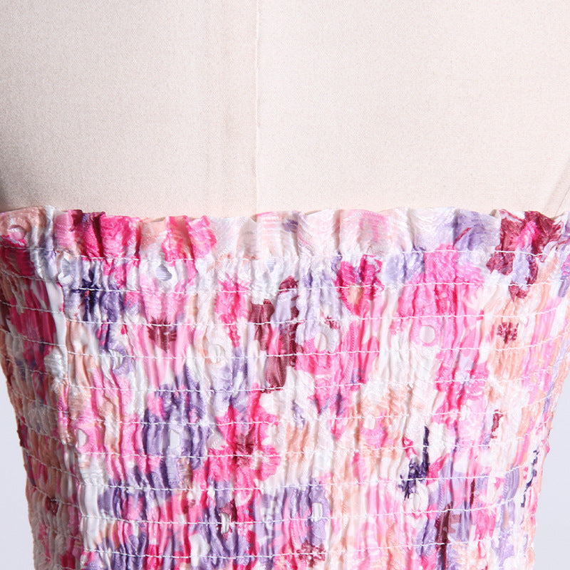 Seaside Beach Vacation Tube Top Floral Print Slim Fit Ruffled Dress Nocturna-Pro