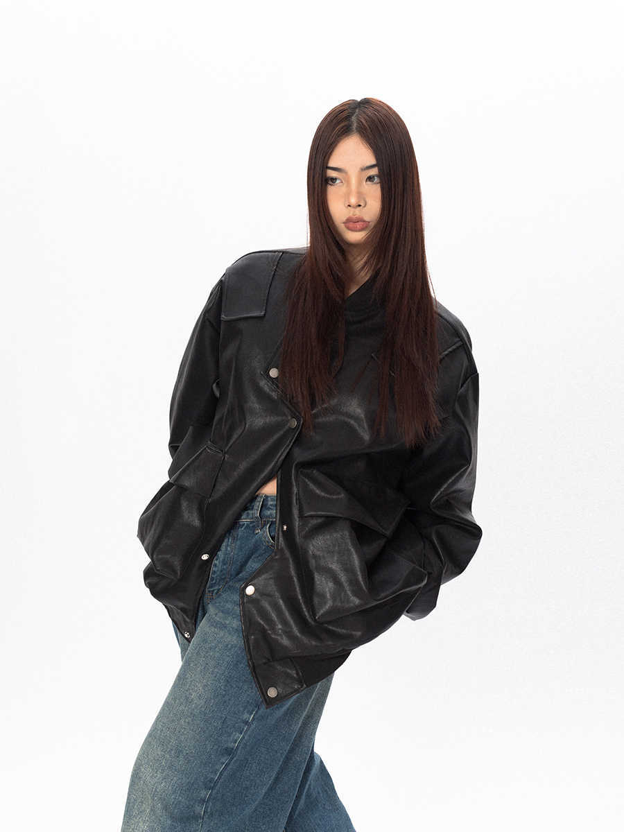 Three-dimensional Pocket Irregular Placket Leather Coat Loose Top Nocturna-Pro