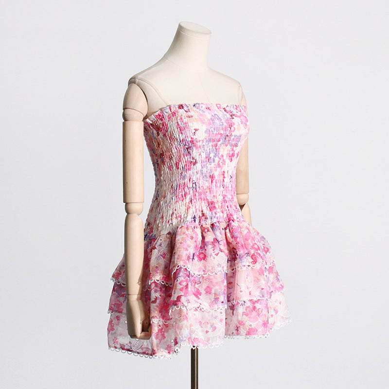 Seaside Beach Vacation Tube Top Floral Print Slim Fit Ruffled Dress Nocturna-Pro