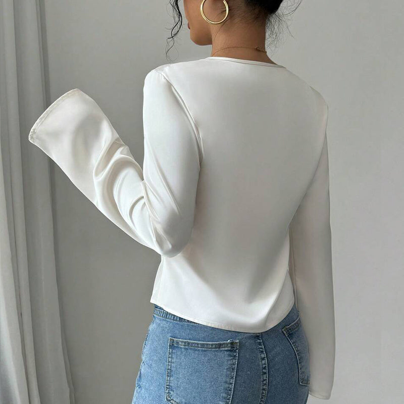 Women's Elegant Solid Color V-neck Ruffled Front Flared Sleeve Shirt Nocturna-Pro