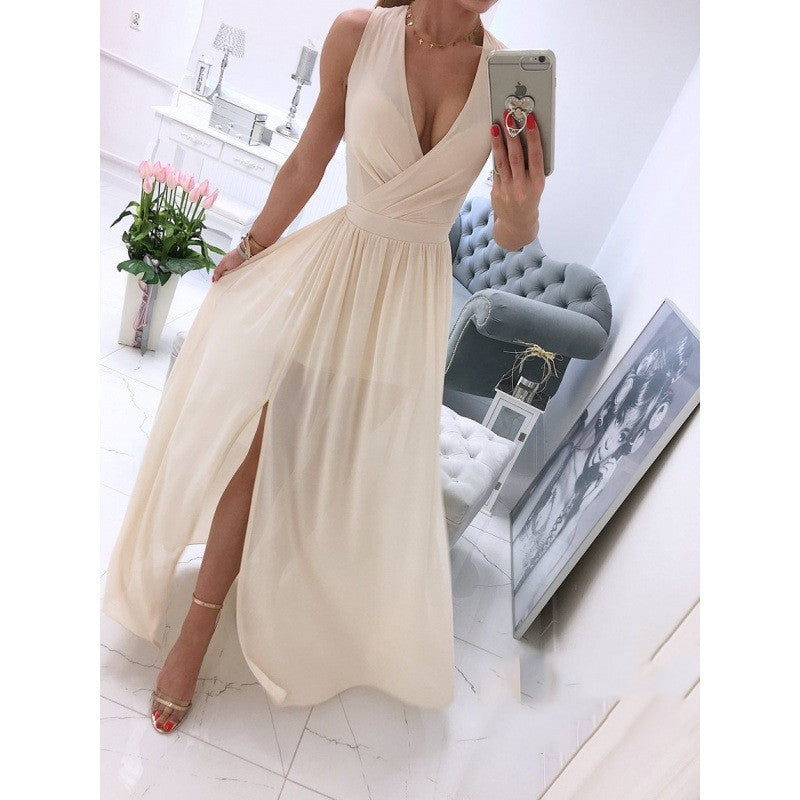Sleeve Solid Color V-Neck Dress Dress Women's Nocturna-Pro