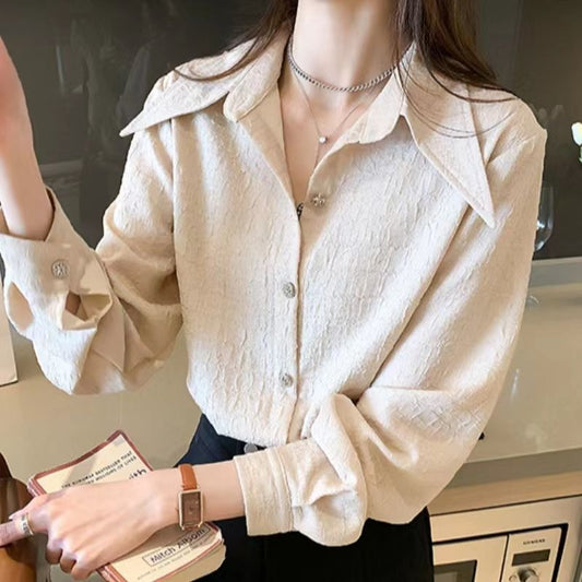 Pointed Collar Shirt Chiffon Design Loose Bandage Dress White Base Shirt Nocturna-Pro