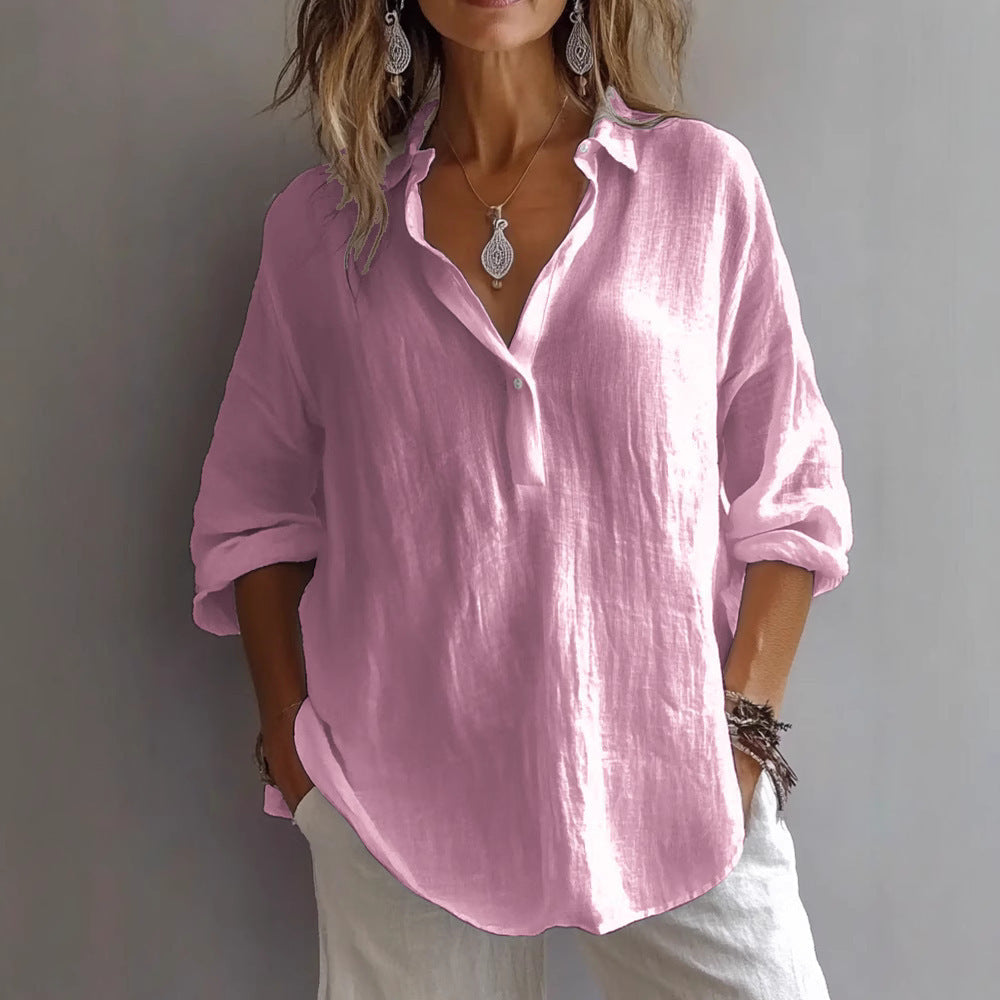 Loose Long Sleeve Linen V-neck Shirt Nocturna-Pro