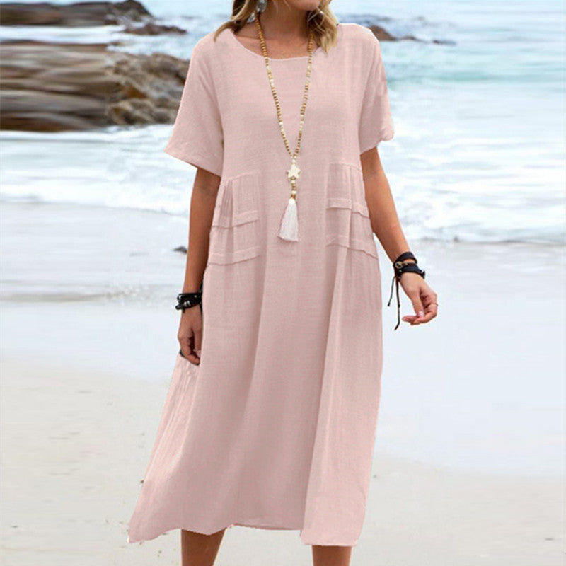 Round Neck Short Sleeve Mid-length Dress Women Nocturna-Pro