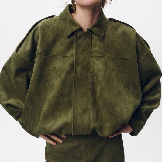 Women's Batwing Sleeve Lapel Suede Texture Effect Pilot Jacket Nocturna-Pro