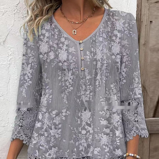 Casual Lace Printed Lace Button Top Nocturna-Pro