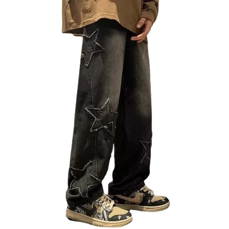 Star Embroidery Straight Casual Men Jeans Gothic Neutral New Wide Leg Loose Hip-hop Fashion Youth Streetwear Denim Trousers Y2K Nocturna-Pro