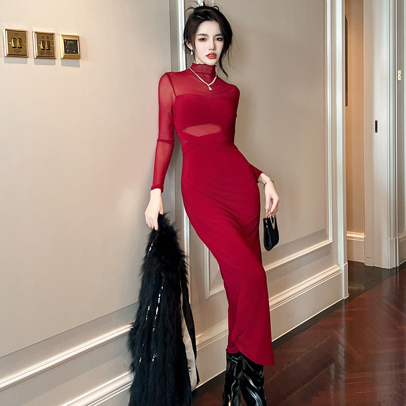See-through Stitching Slim Fit Slit Dress Base Dress Nocturna-Pro