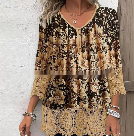 Casual Lace Printed Lace Button Top Nocturna-Pro