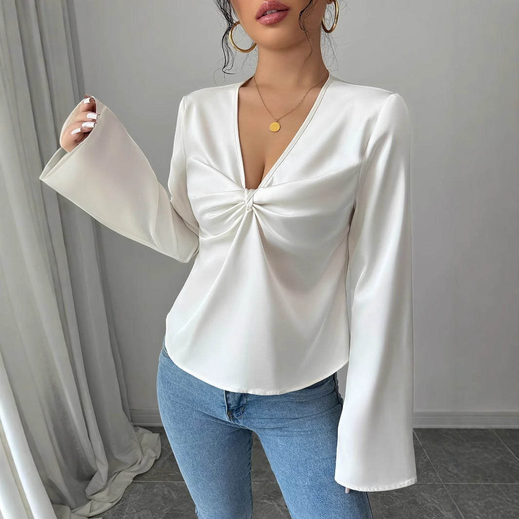 Women's Elegant Solid Color V-neck Ruffled Front Flared Sleeve Shirt Nocturna-Pro