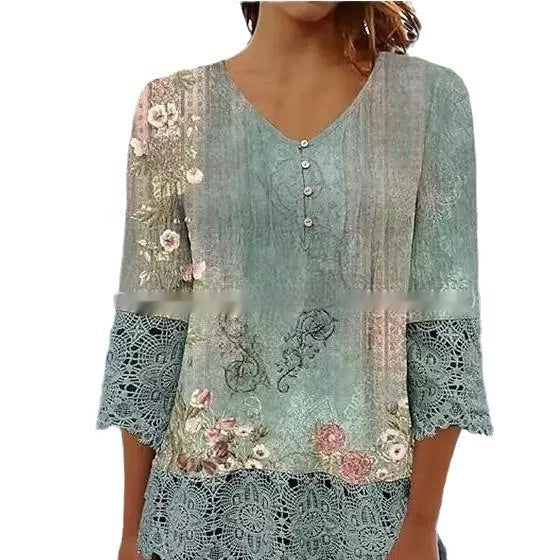 Casual Lace Printed Lace Button Top Nocturna-Pro