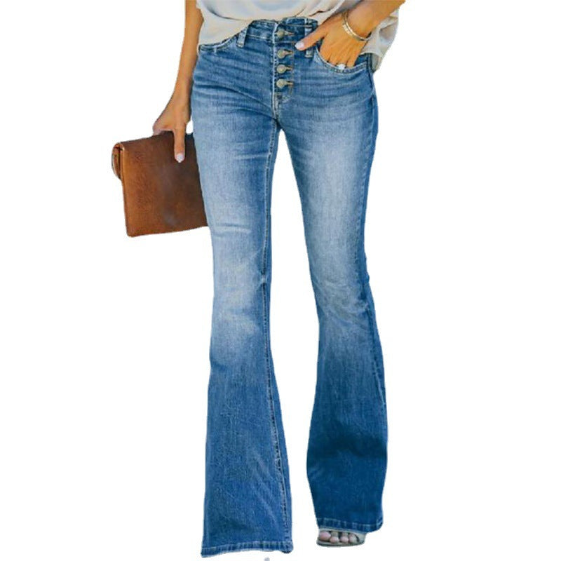 High Waist Bell Bottom Jeans Trendy Wear Washed Out Street Style Women's Denim Pants Nocturna-Pro