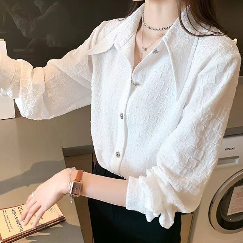 Pointed Collar Shirt Chiffon Design Loose Bandage Dress White Base Shirt Nocturna-Pro