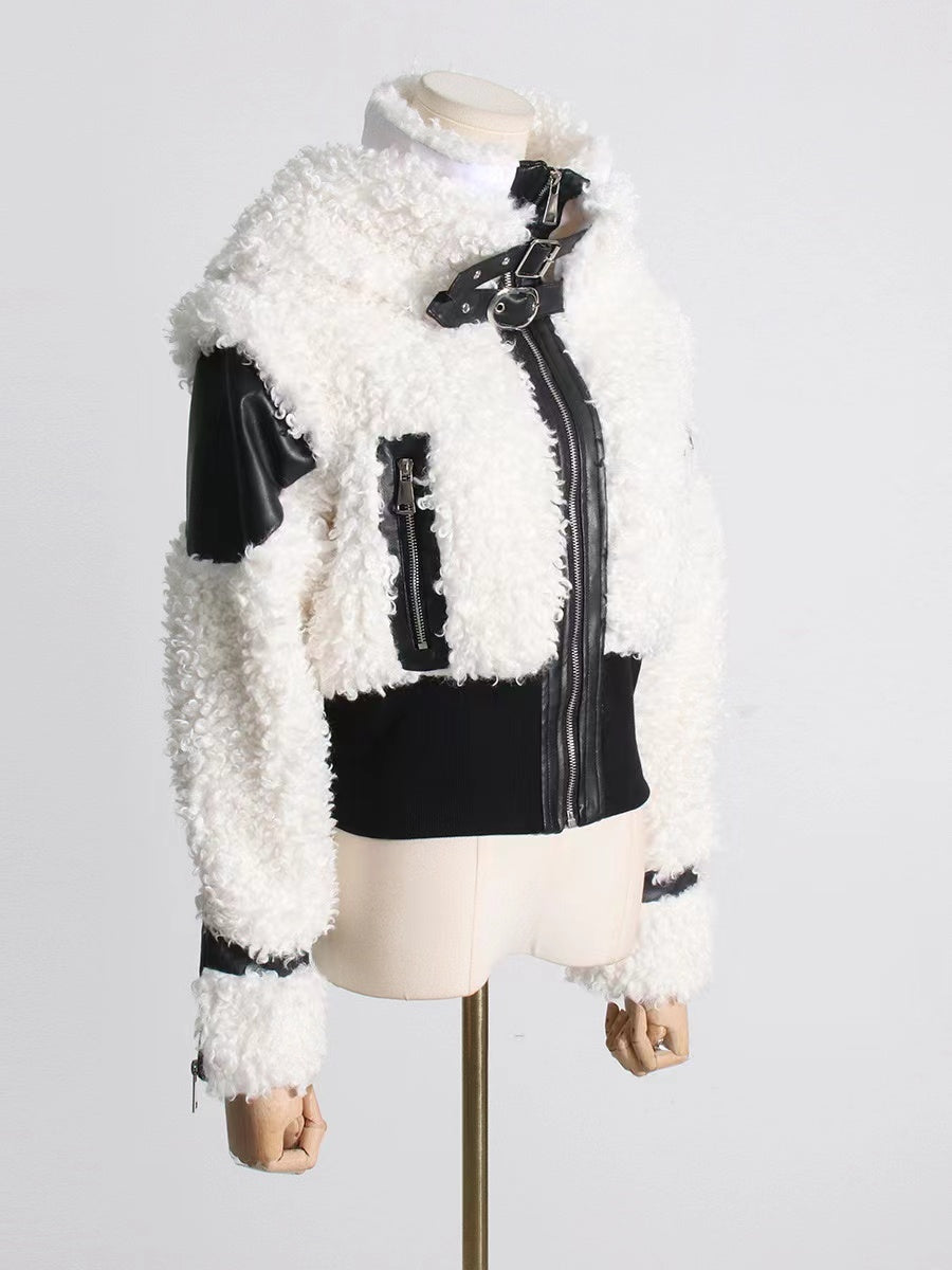 Women's Lamb Wool Stitching PU Leather Zipper Jacket Nocturna-Pro