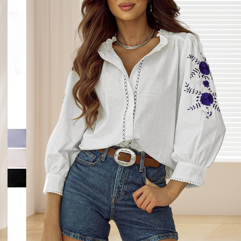Women's Vintage Floral Embroidered Long-sleeved Shirt Nocturna-Pro