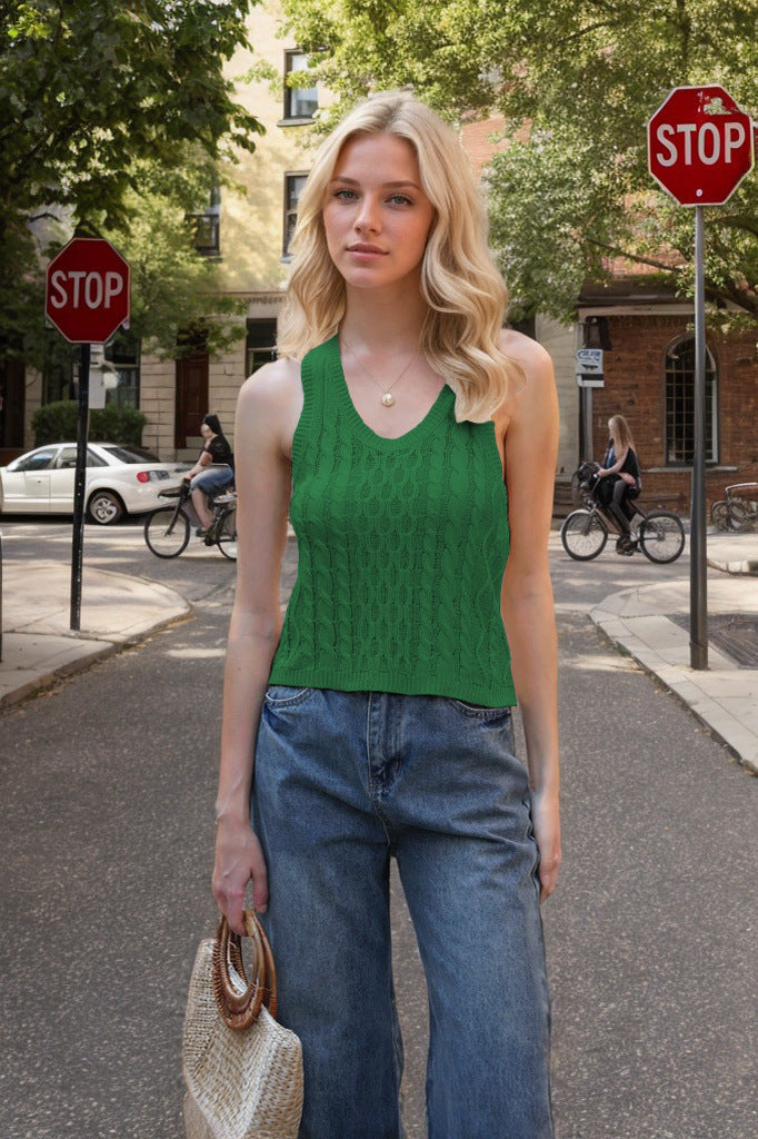Women's V-neck Tank Vest Fashion Casual Knitted Solid Color Tops Nocturna-Pro