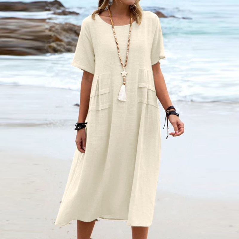 Round Neck Short Sleeve Mid-length Dress Women Nocturna-Pro