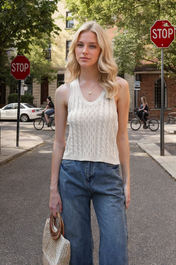 Women's V-neck Tank Vest Fashion Casual Knitted Solid Color Tops Nocturna-Pro