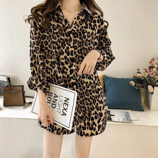 New Stylish Loose Plus Size Leopard Long Sleeve Pattern Mid-length Shirt For Women Nocturna-Pro