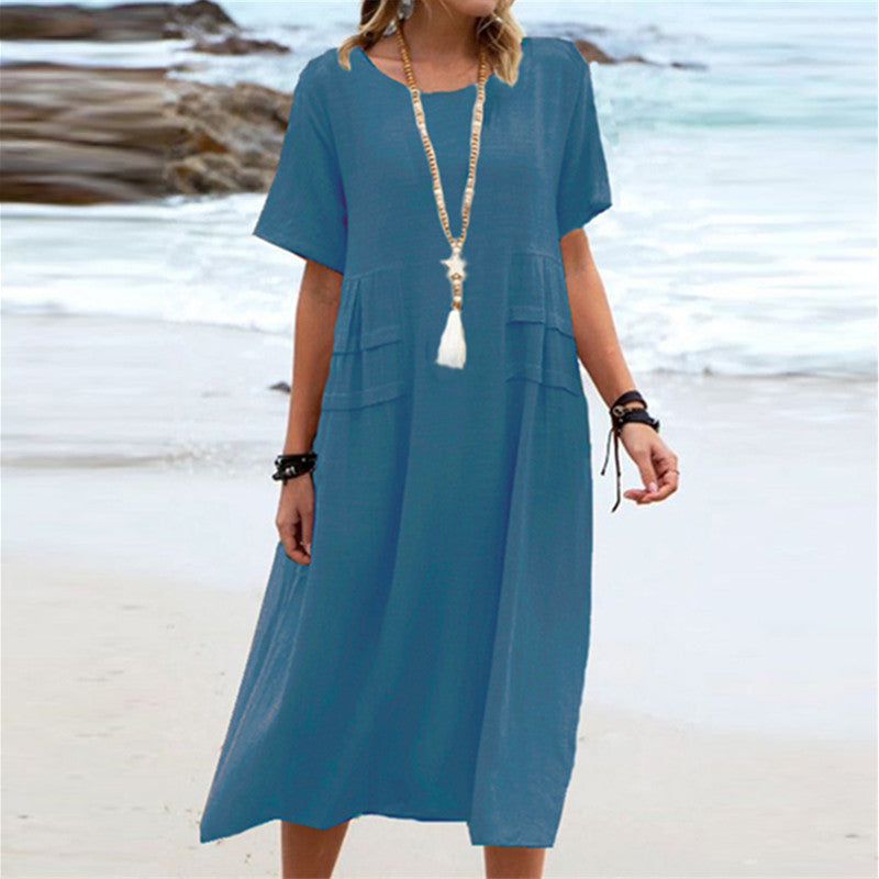 Round Neck Short Sleeve Mid-length Dress Women Nocturna-Pro