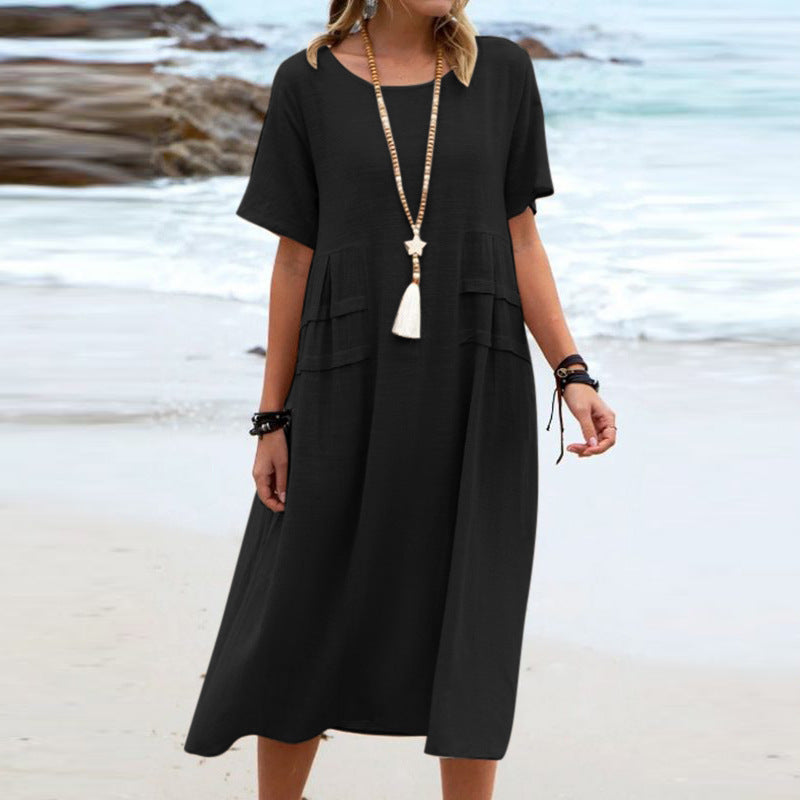 Round Neck Short Sleeve Mid-length Dress Women Nocturna-Pro