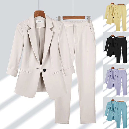 2pcs Casual Blazer Set Solid Color Lapel Single-breasted Jacket And Zipper Straight Pants Women's Office Business Suit Nocturna-Pro
