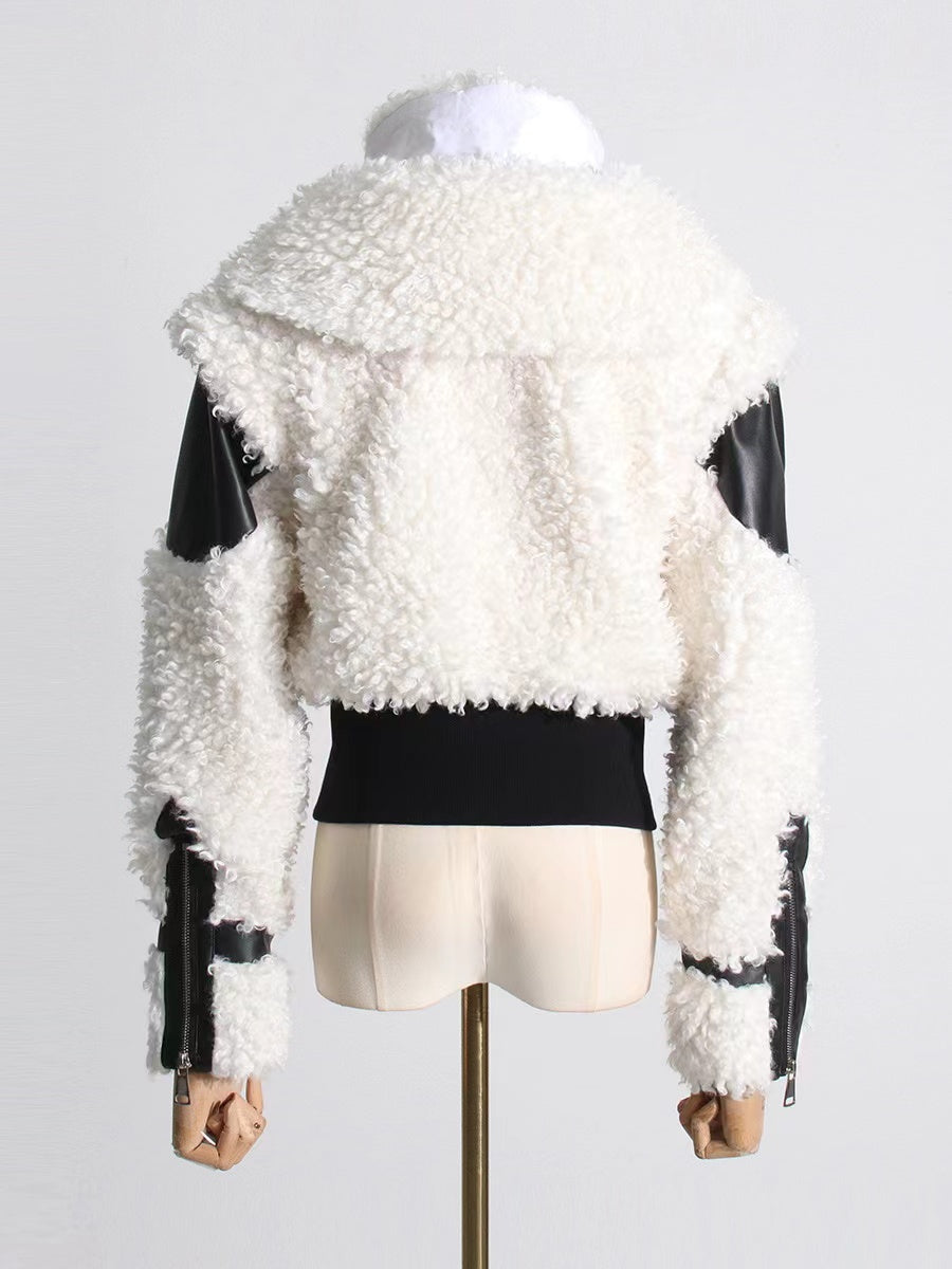 Women's Lamb Wool Stitching PU Leather Zipper Jacket Nocturna-Pro