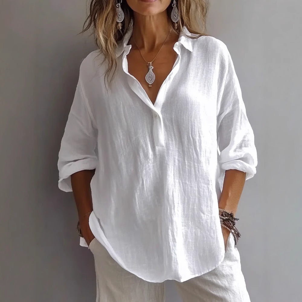 Loose Long Sleeve Linen V-neck Shirt Nocturna-Pro