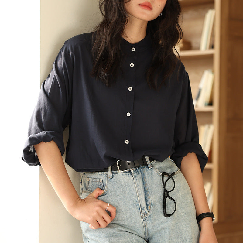 Tencel Linen Stand Collar Shirt Light Thin And Loose Button Top Nocturna-Pro