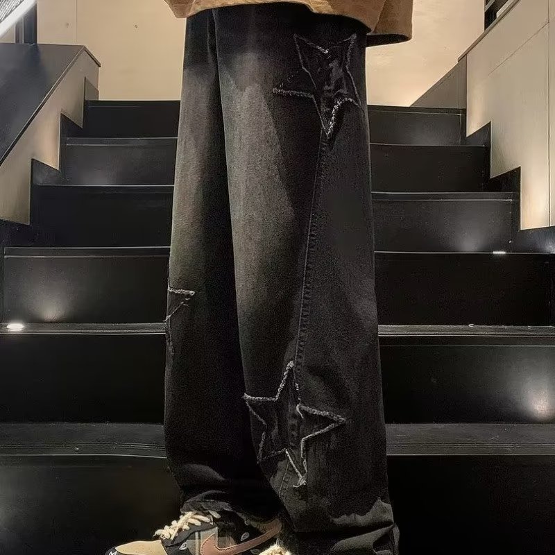 Star Embroidery Straight Casual Men Jeans Gothic Neutral New Wide Leg Loose Hip-hop Fashion Youth Streetwear Denim Trousers Y2K Nocturna-Pro
