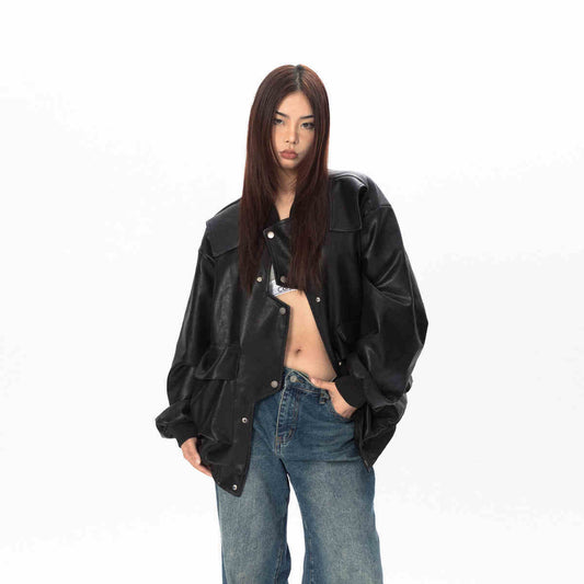 Three-dimensional Pocket Irregular Placket Leather Coat Loose Top Nocturna-Pro