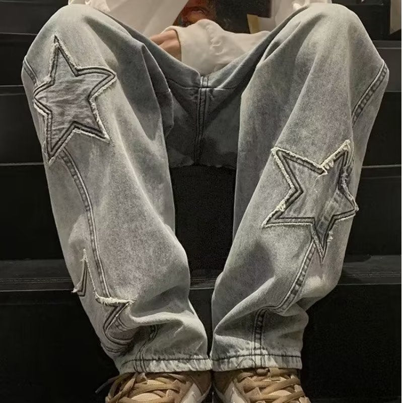 Star Embroidery Straight Casual Men Jeans Gothic Neutral New Wide Leg Loose Hip-hop Fashion Youth Streetwear Denim Trousers Y2K Nocturna-Pro