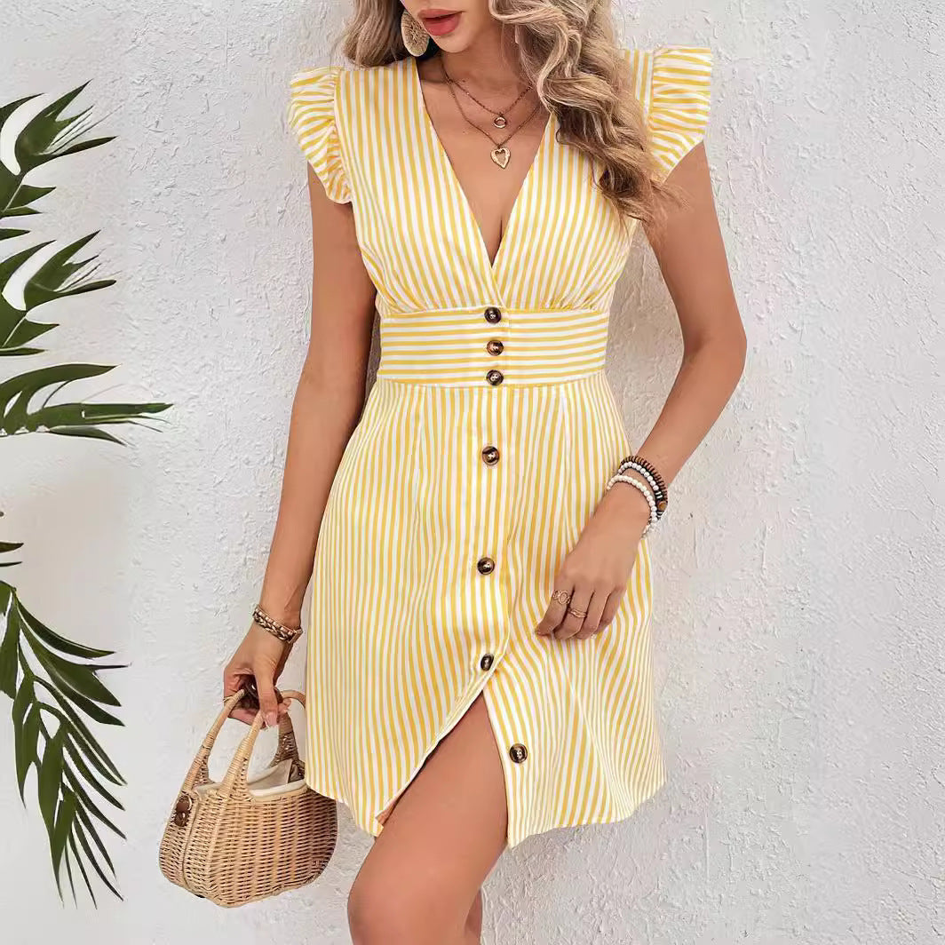 Summer V-neck Single-breasted Fly-sleeve Women's Shirt Dresses With Elegant Splicing Stripe Printing Beach Style Dress Nocturna-Pro