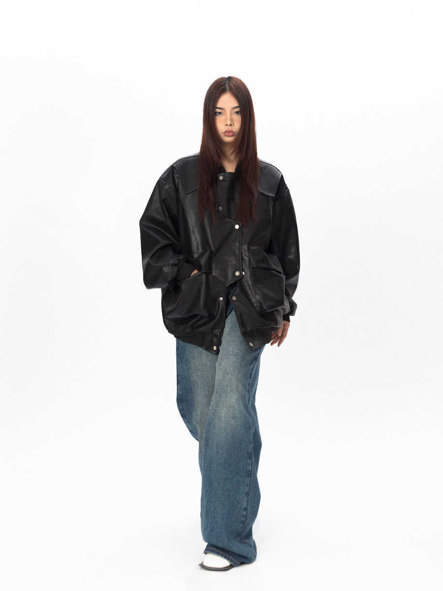 Three-dimensional Pocket Irregular Placket Leather Coat Loose Top Nocturna-Pro
