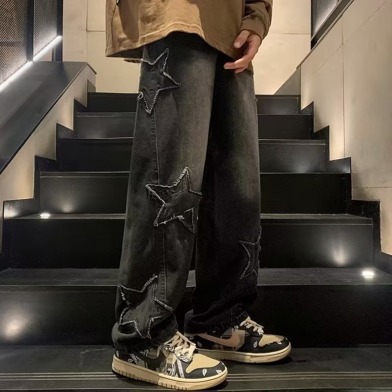 Star Embroidery Straight Casual Men Jeans Gothic Neutral New Wide Leg Loose Hip-hop Fashion Youth Streetwear Denim Trousers Y2K Nocturna-Pro