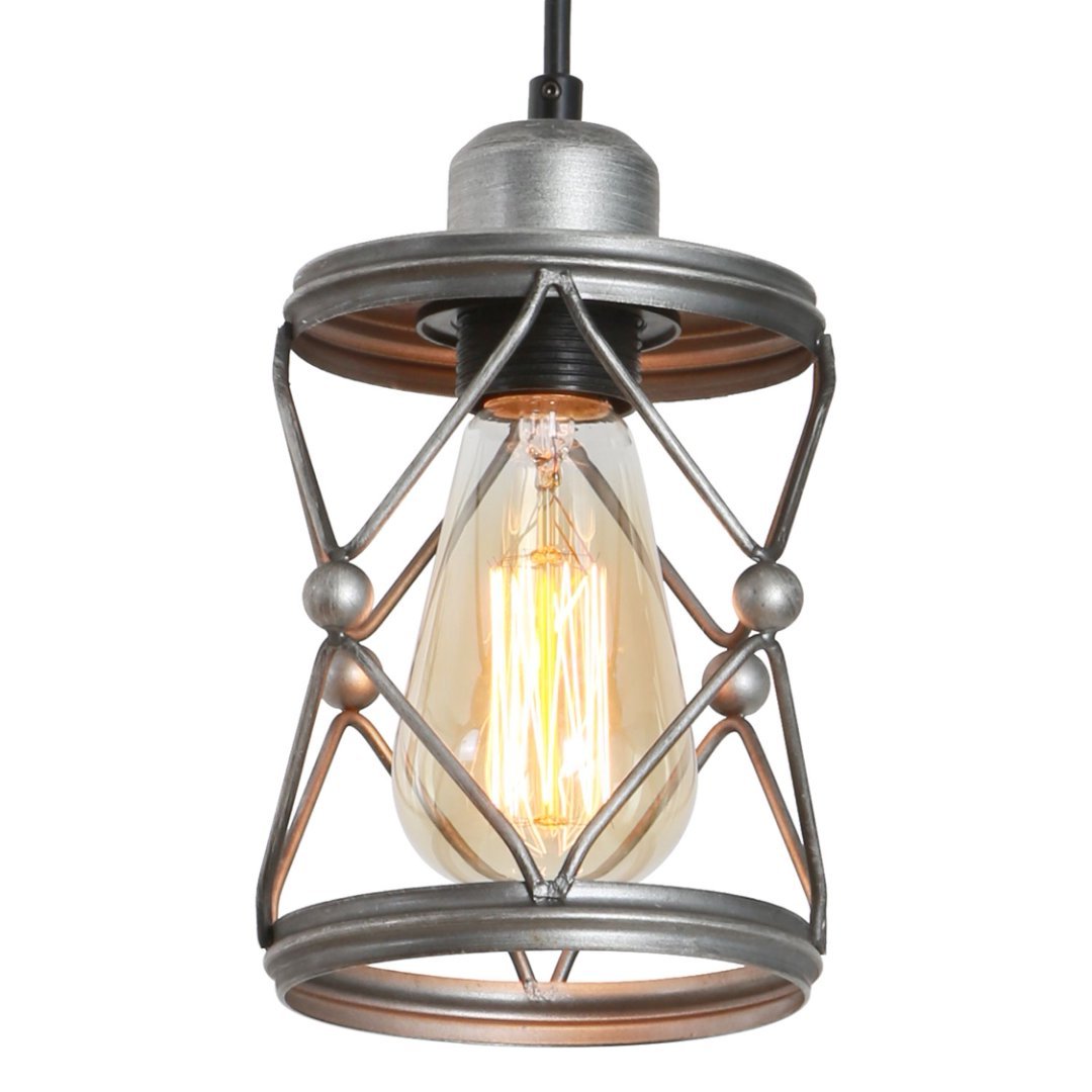 Industrial Pendant Lighting For Kitchen Island, Rustic Mini Cage Pendant Light, Farmhouse Pendant Lamp With Silver Grey Adjustable For Dining Room, Hallway, Entryway, Bedroom Nocturna-Pro