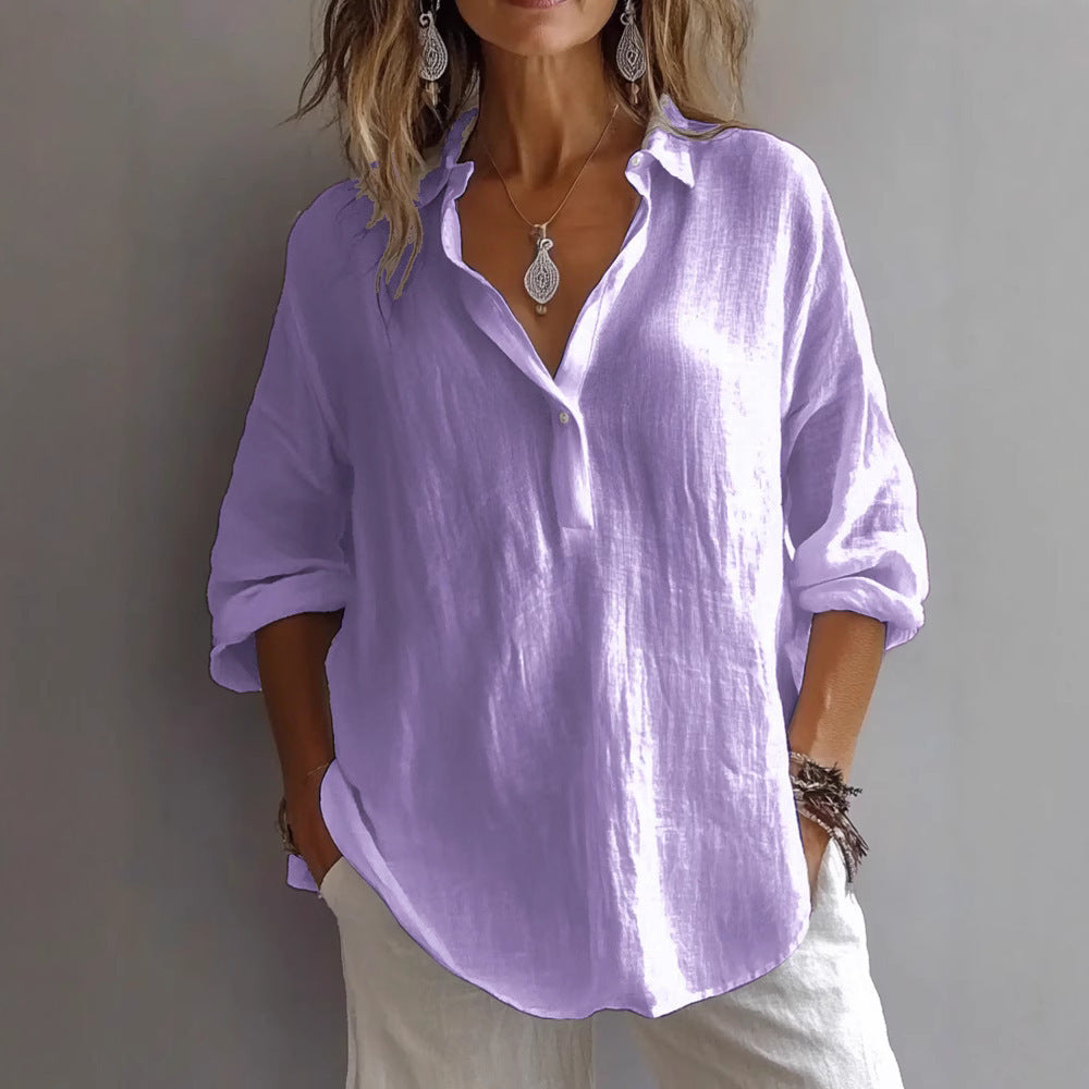 Loose Long Sleeve Linen V-neck Shirt Nocturna-Pro