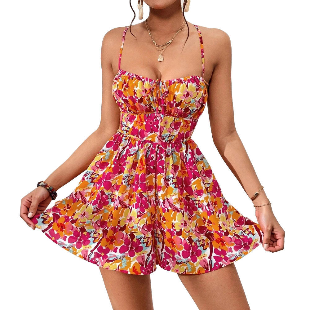 Women's Floral Print Dress Summer Lace-up Back Seaside Holiday Short Dresses Nocturna-Pro