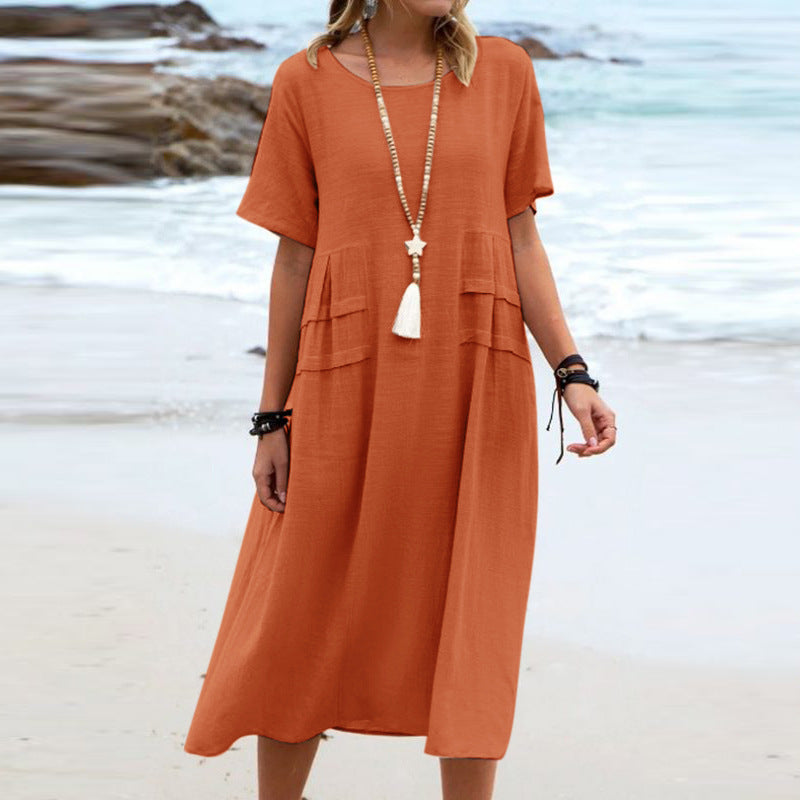 Round Neck Short Sleeve Mid-length Dress Women Nocturna-Pro