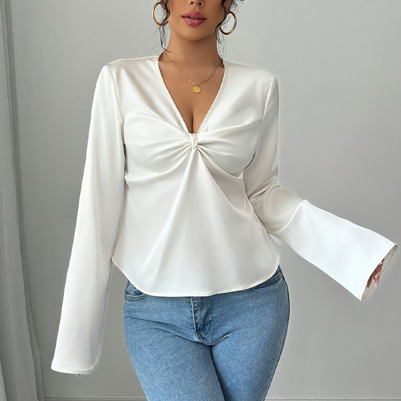 Women's Elegant Solid Color V-neck Ruffled Front Flared Sleeve Shirt Nocturna-Pro