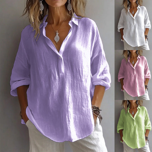 Loose Long Sleeve Linen V-neck Shirt Nocturna-Pro